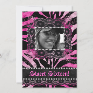 Lace Diamonds Sweet 16 Birthday Grad Zebra Pink Invitation