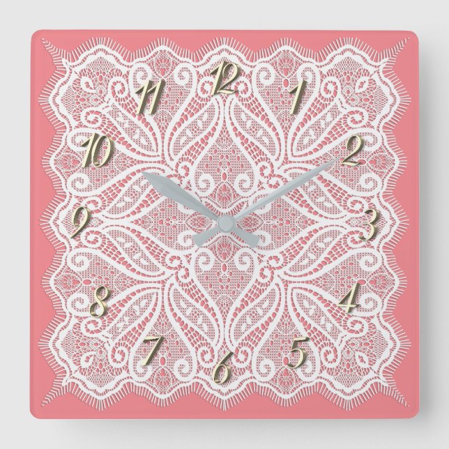 Lace doily pink white vintage old fashioned square wall clock (Front)