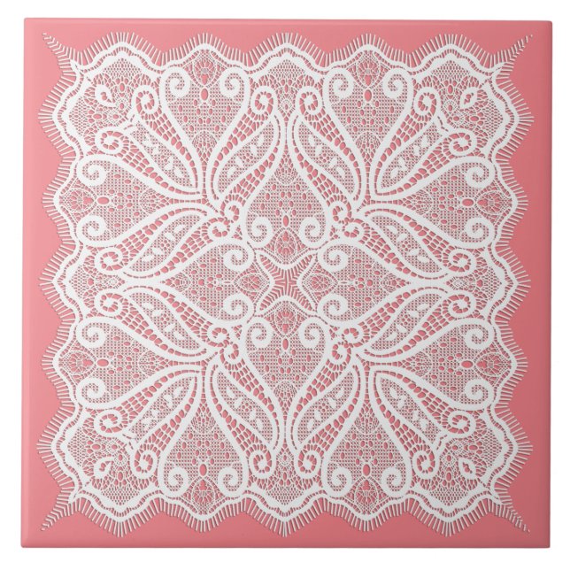 Lace doily pink white vintage old fashioned tile (Front)