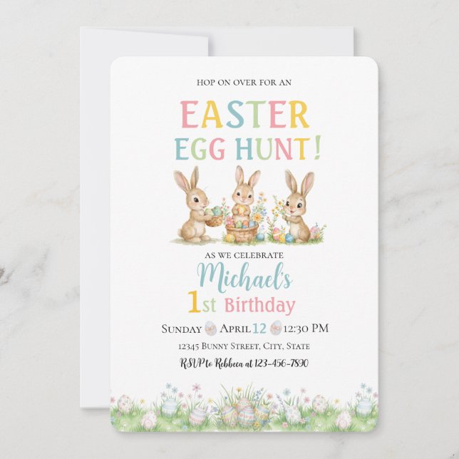 Lace Easter Egg Hunt Boy First Birthday Invitation (Front)