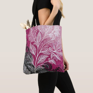 Lace Effect Floral Leaf Fuschia, Black and White Tote Bag