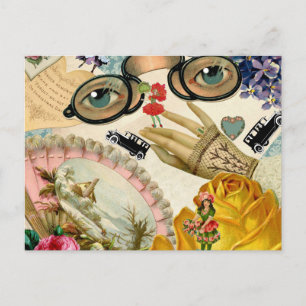 Lace Fan Spectacles and Flowers Postcard