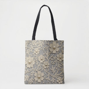 Lace Floral Look with Pearl Centres Tote Bag