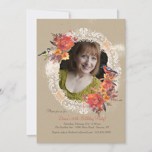 Lace, Flowers and Birds Photo Invitation (Front)