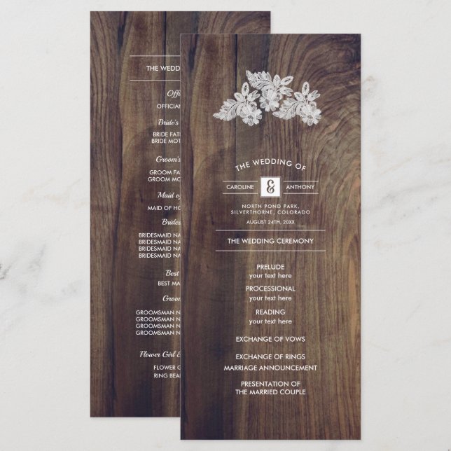 Lace Flowers | Barn Wood Wedding Program Programme (Front/Back)