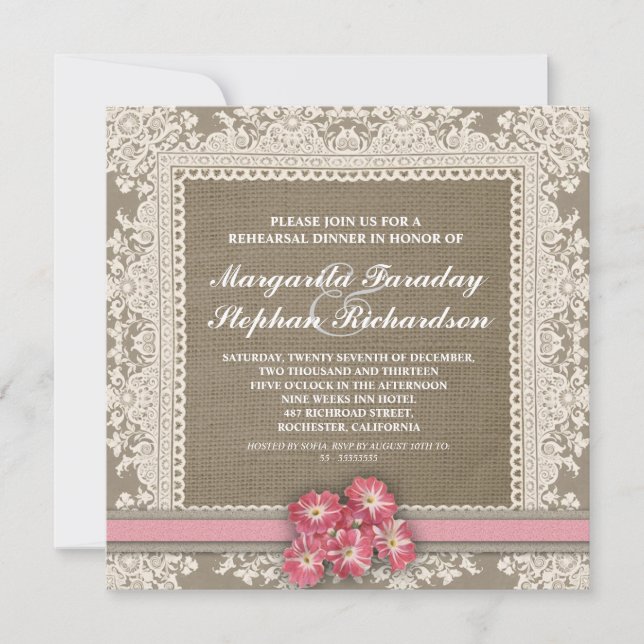 lace flowers & burlap rehearsal dinner invitations (Front)