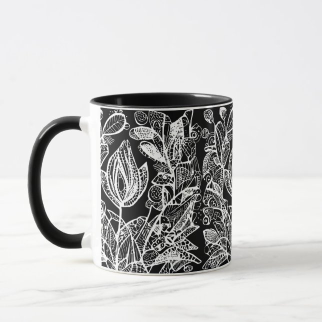 lace flowers on a black background mug (Left)