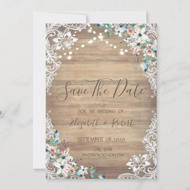 Lace Flowers Wood Texture, Lights Save The Date (Front)