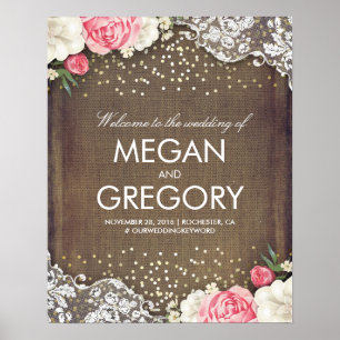 Lace Gold Burlap and Flowers Wedding Welcome Sign