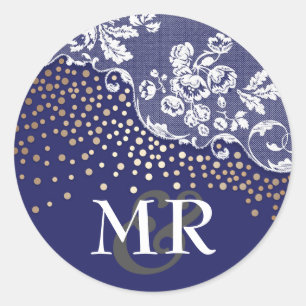 Lace Gold Confetti Navy Vintage Wedding Classic Round Sticker