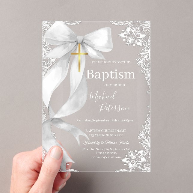 Lace Gold Cross Baptism White Bow Acrylic Invitations (Insitu (Handheld))