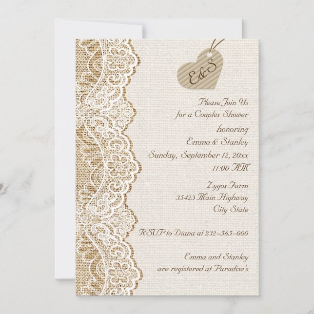 Lace & heart on burlap wedding couples shower invitation (Front)