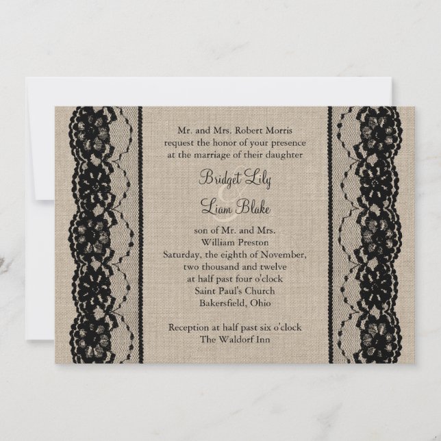 Lace in Black on Burlap Wedding Invitation (Front)