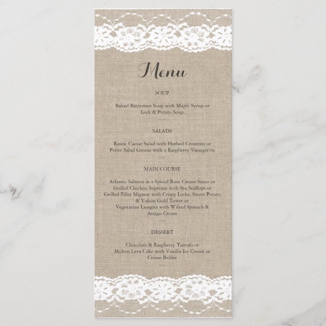 Lace in White on Burlap Menu (Front)