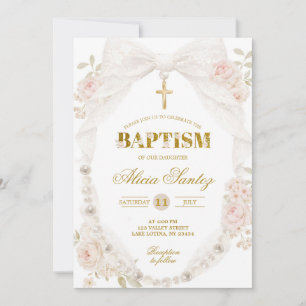 Lace Ivory Bow Pearl Baptism Invitation