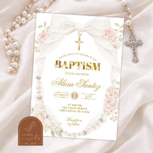 Lace Ivory Bow Pearl Baptism Invitation