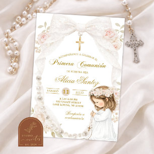Lace Ivory Bow Pearl Girl Kneeling Communion Invitation