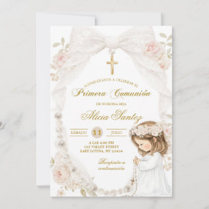 Lace Ivory Bow Pearl Girl Kneeling First Hole Comm Invitation