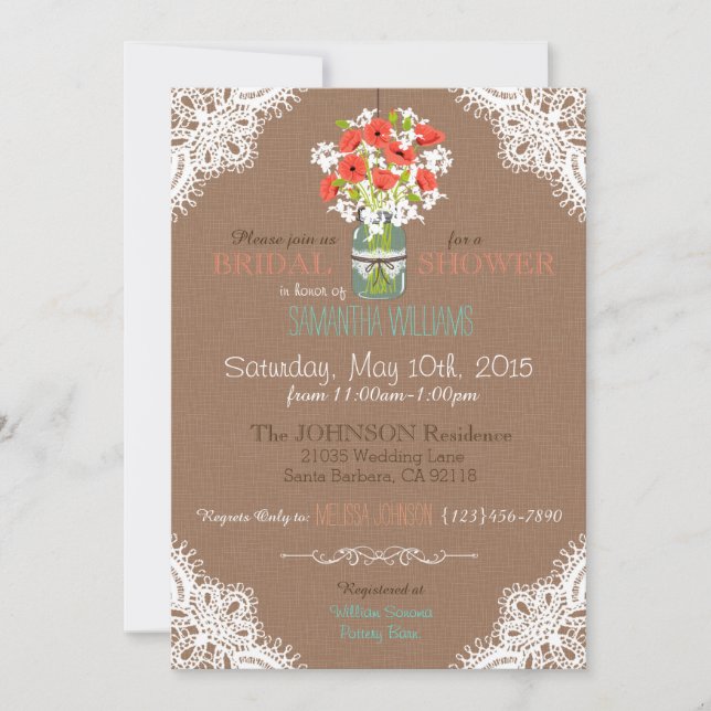 Lace, Jar, Poppies, & Burlap Rustic Bridal Shower Invitation (Front)