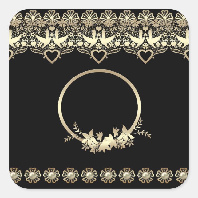 Lace lacy frame golden romantic customisable text square sticker (Front)