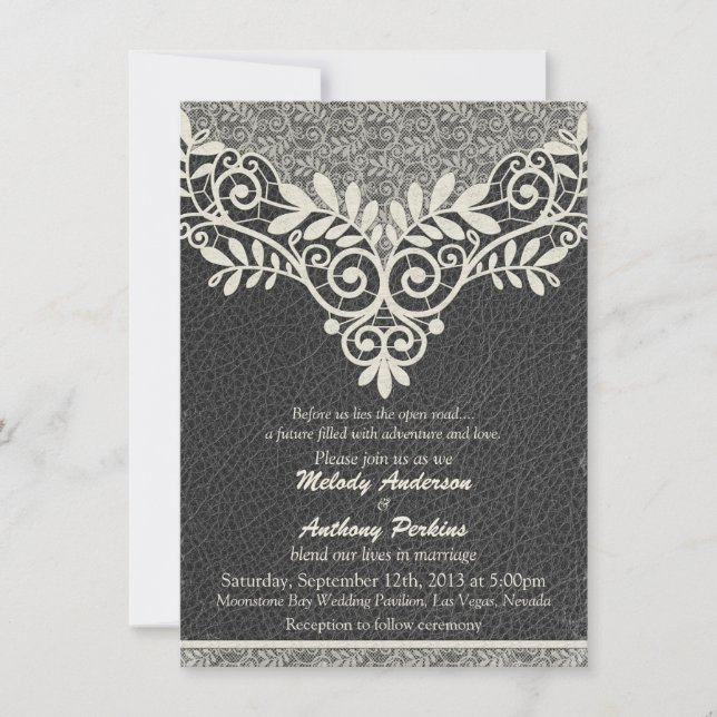 Lace Leather Rustic Black Ivory Biker Wedding Invitation (Front)