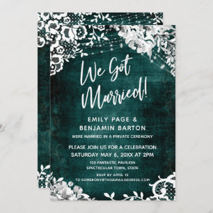 Lace, Lights & Floral over Teal We Got Married! Invitation