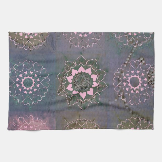 Lace-like Pink Heart Mandala and Grey Tea Towel (Horizontal)