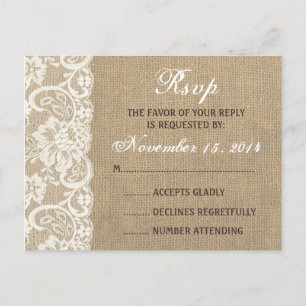 Lace Look Rustic WARM Burlap Wedding RSVP PostCard