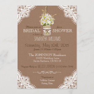 Lace Mason Jar Daisies Rustic Bridal Shower Invitation
