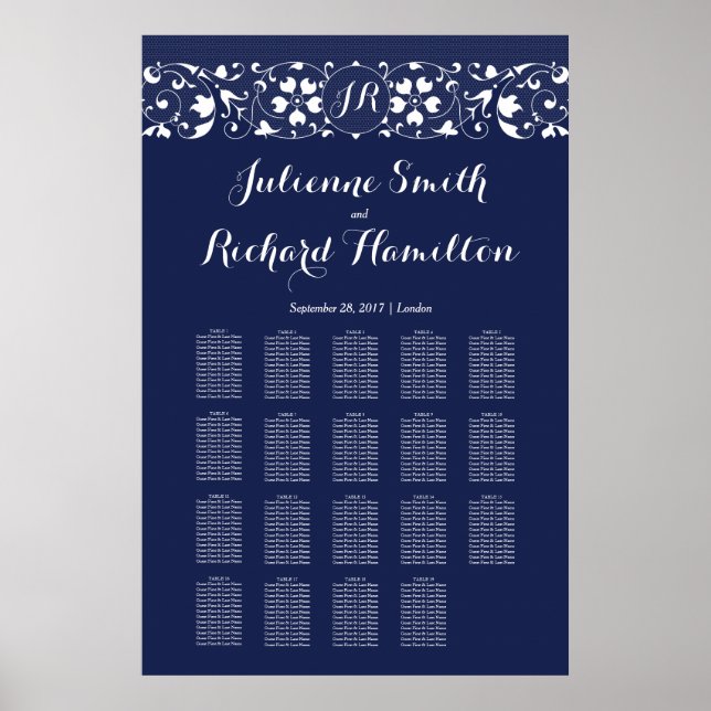 Lace | Monogram Wedding 19 Tables Seating Chart (Front)