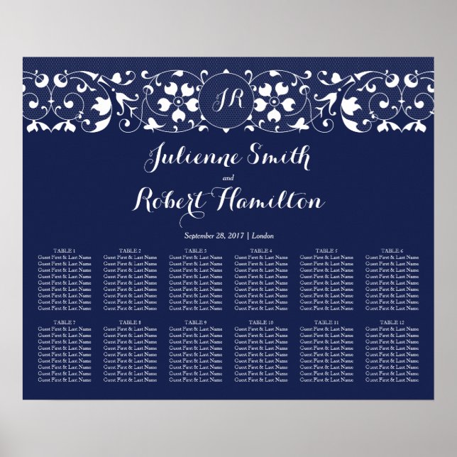 Lace Navy Blue Wedding Seating Chart 12 Tables (Front)