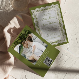 Lace Olive Green Old Money Photo QR Code Wedding  Invitation