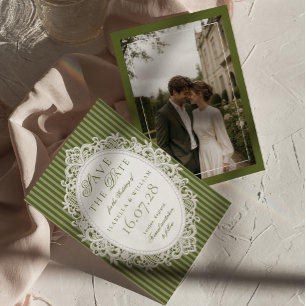 Lace Olive green Old Money Photo Save the Date Invitation