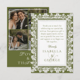 Lace Olive Green Old Money Wedding Photo Collage Thank You Card