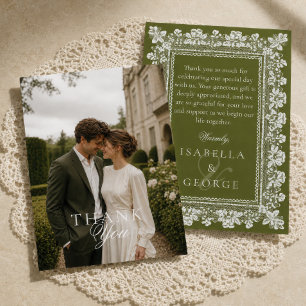 Lace Olive Green Old Money Wedding Photo Thank You Card