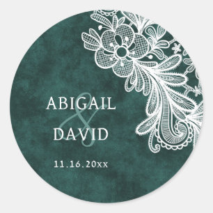 Lace on Emerald Green Faux Velvet Wedding Classic Round Sticker