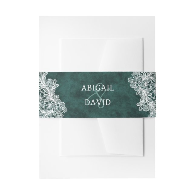 Lace on Emerald Green Faux Velvet Wedding Invitation Belly Band (Front Example)