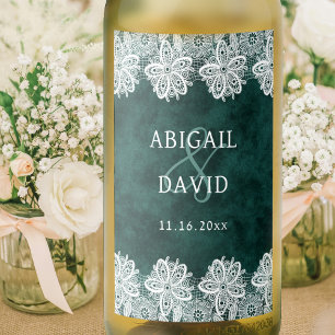 Lace on Emerald Green Faux Velvet Wedding Mini Wine Label