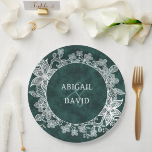 Lace on Emerald Green Faux Velvet Wedding Paper Plate