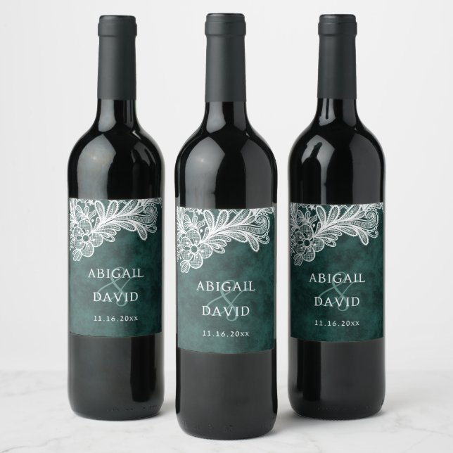 Lace on Emerald Green Faux Velvet Wedding Wine Label (Bottles)