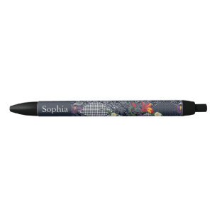 Lace, paisley and pied-de-poule, houndstooth desig black ink pen