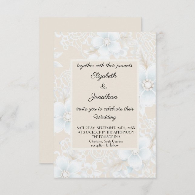 Lace Pattern Beige Blue Wedding Invitation (Front/Back)