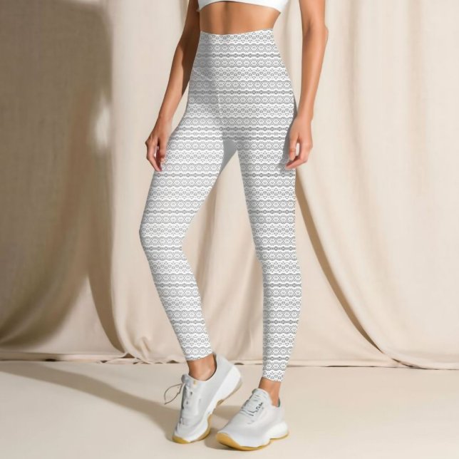 Lace Pattern Stripes | Grey and White Lace Design Leggings (Women's Lace Leggings)