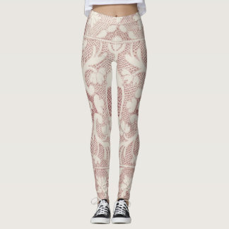 lace pattern, vintage etching, pink and white leggings