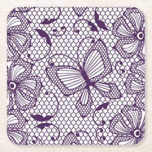 Lace pattern with butterflies square paper coaster