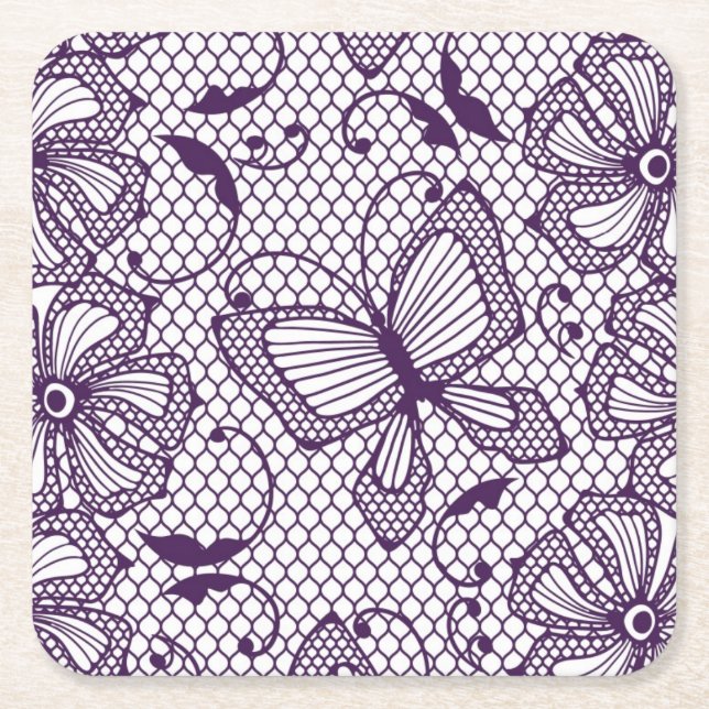 Lace pattern with butterflies square paper coaster (Front)