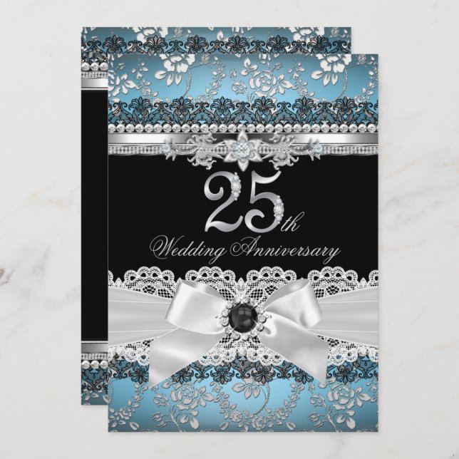 Lace & Pearl Bow Silver Blue 25th Anniversary Invitation (Front/Back)