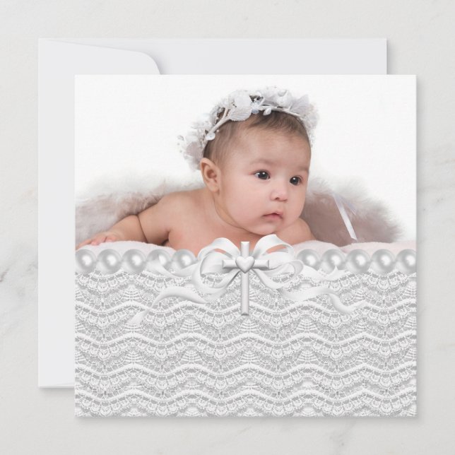 Lace Pearl Cross Christening Invitation (Front)