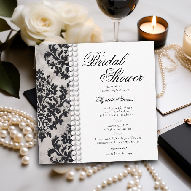 Lace Pearl Damask Black White Formal Bridal Shower Invitation (lace and pearls bridal shower invitation black and white damask elegant formal modern classic)