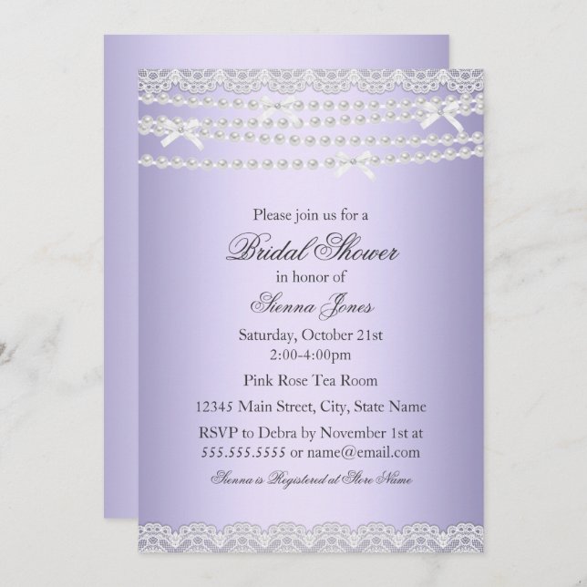 Lace & Pearl Purple Bridal Shower Invitation (Front/Back)